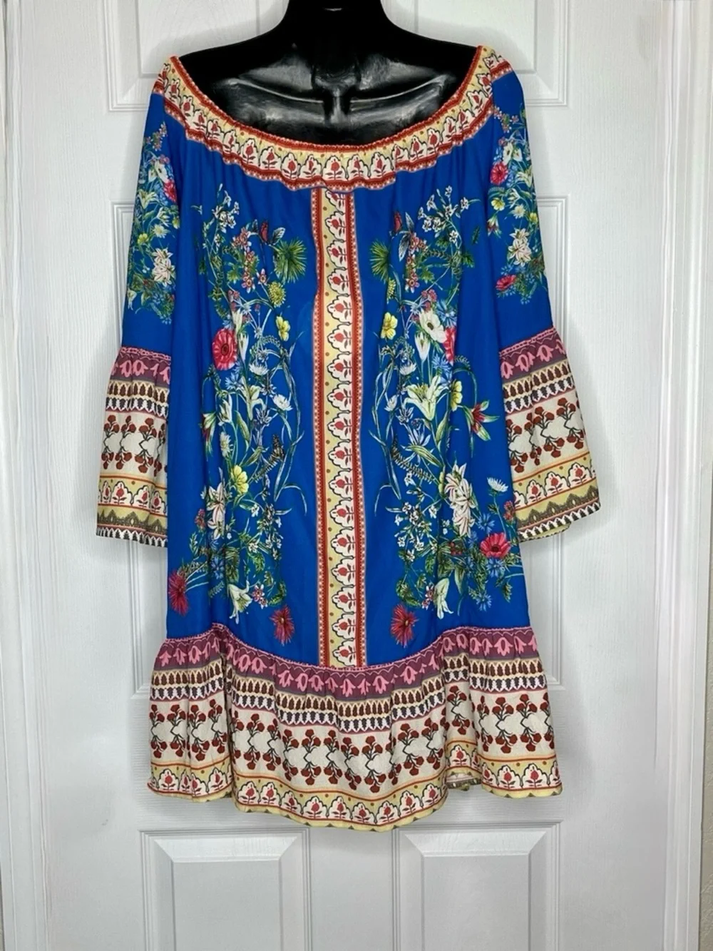 Umgee Womens Off the Shoulder BOHO Bell Sleeve Butterfly Floral Dress Sz L - Picture 4 of 7